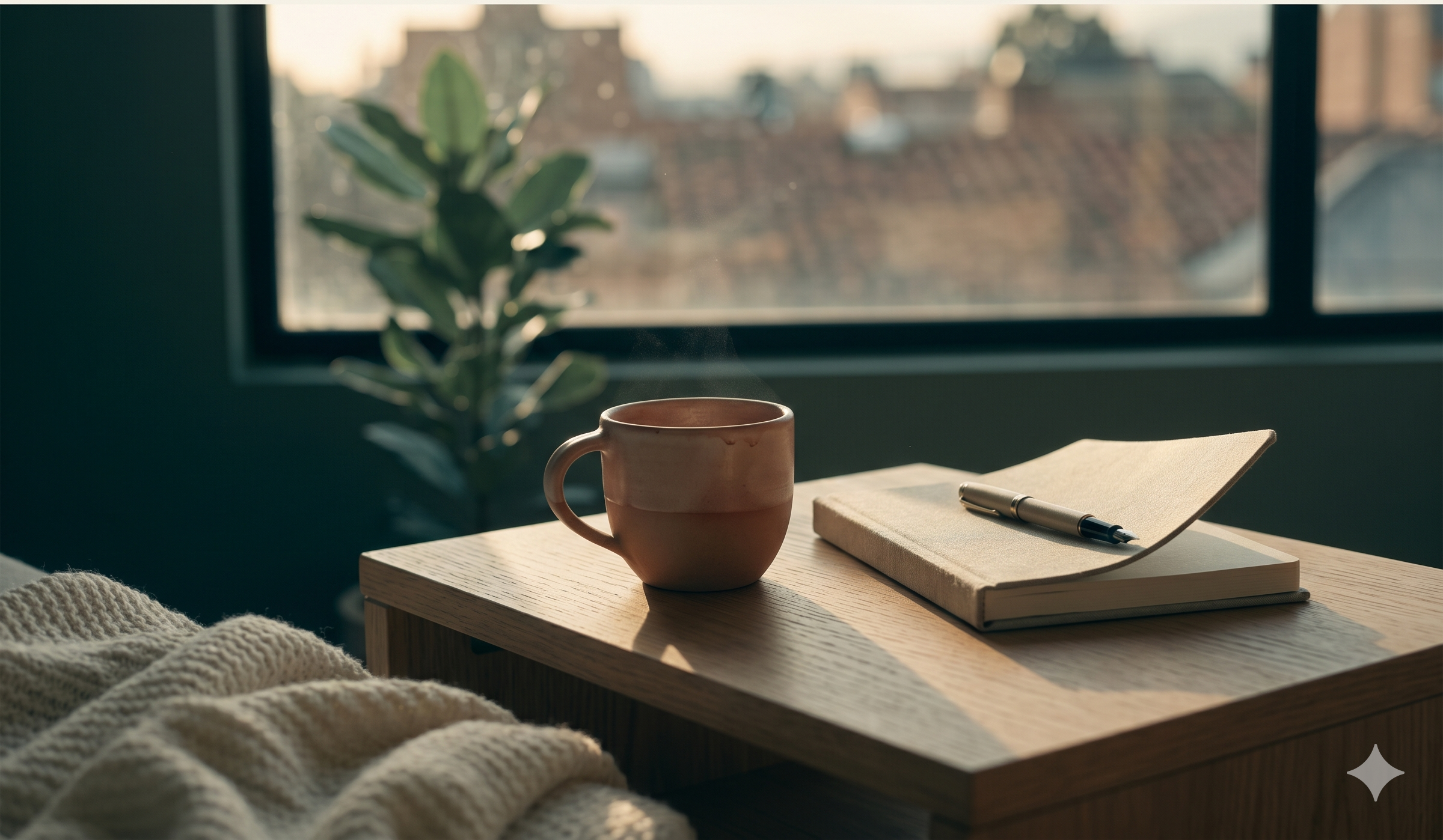 Taza de café y libreta sobre mesa con ventana hacia la ciudad al atardecer