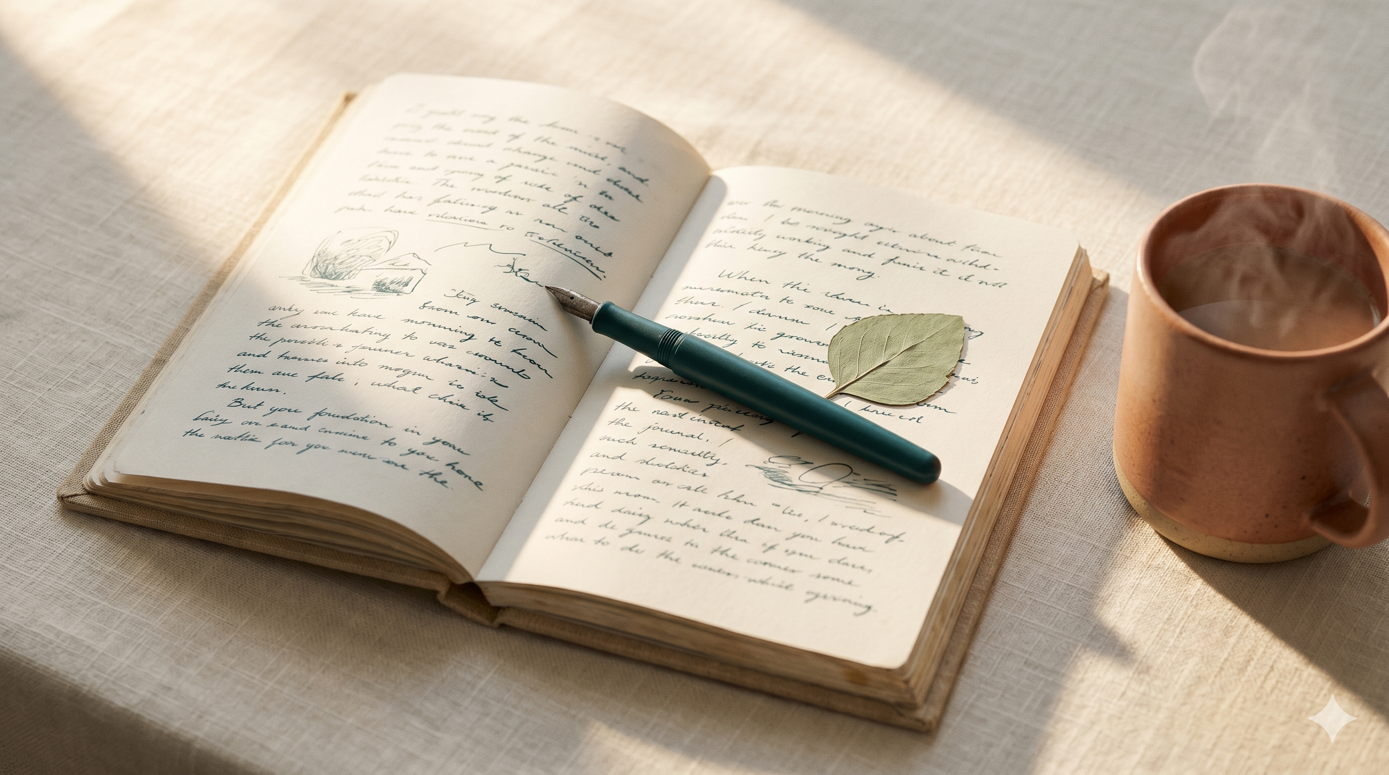 Libreta abierta con escritura a mano, pluma y hoja seca al lado de una taza
