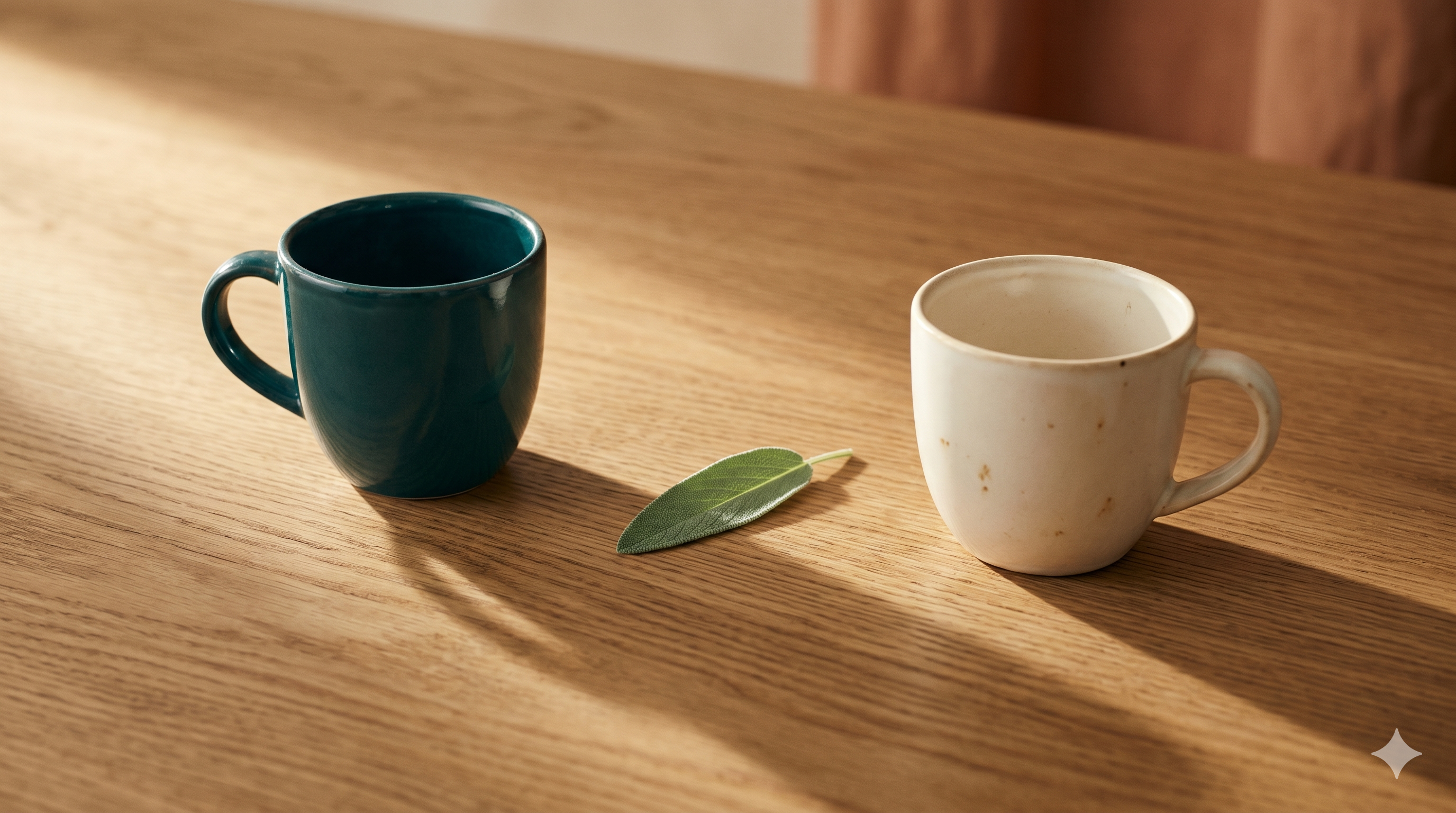 Dos tazas y una hoja de salvia sobre una mesa de madera, calidez compartida